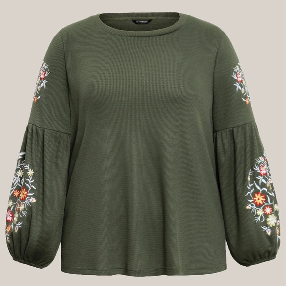 BloomChic Waffle Knit Floral Embroidered Lantern Sleeve T-shirt - Picture 6 of 8